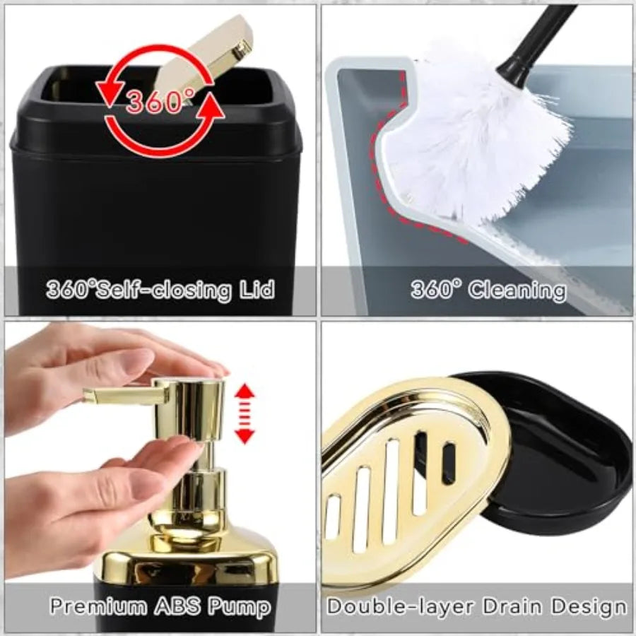 22PC Black Bathroom Accessories Sets Complete with Black Ombre Shower Curtain, Trash Can, Toothbrush Holder, Toothbrush Cup, So
