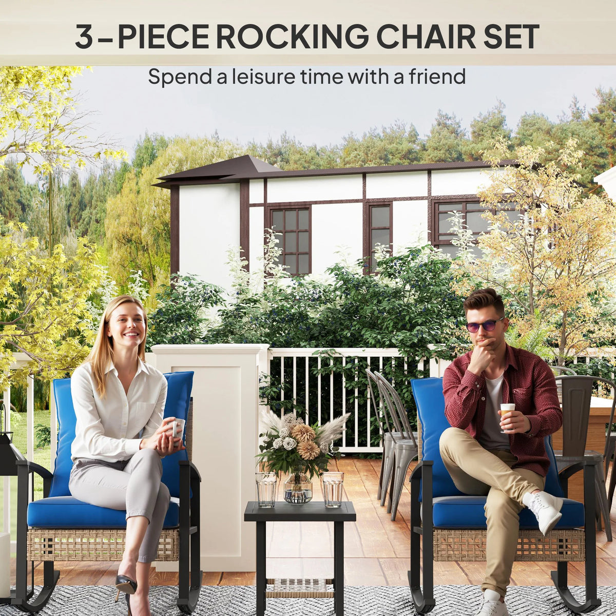 3 Pieces Bistro Set with Rattan Rocking Chairs & Coffee Table Dark Blue
