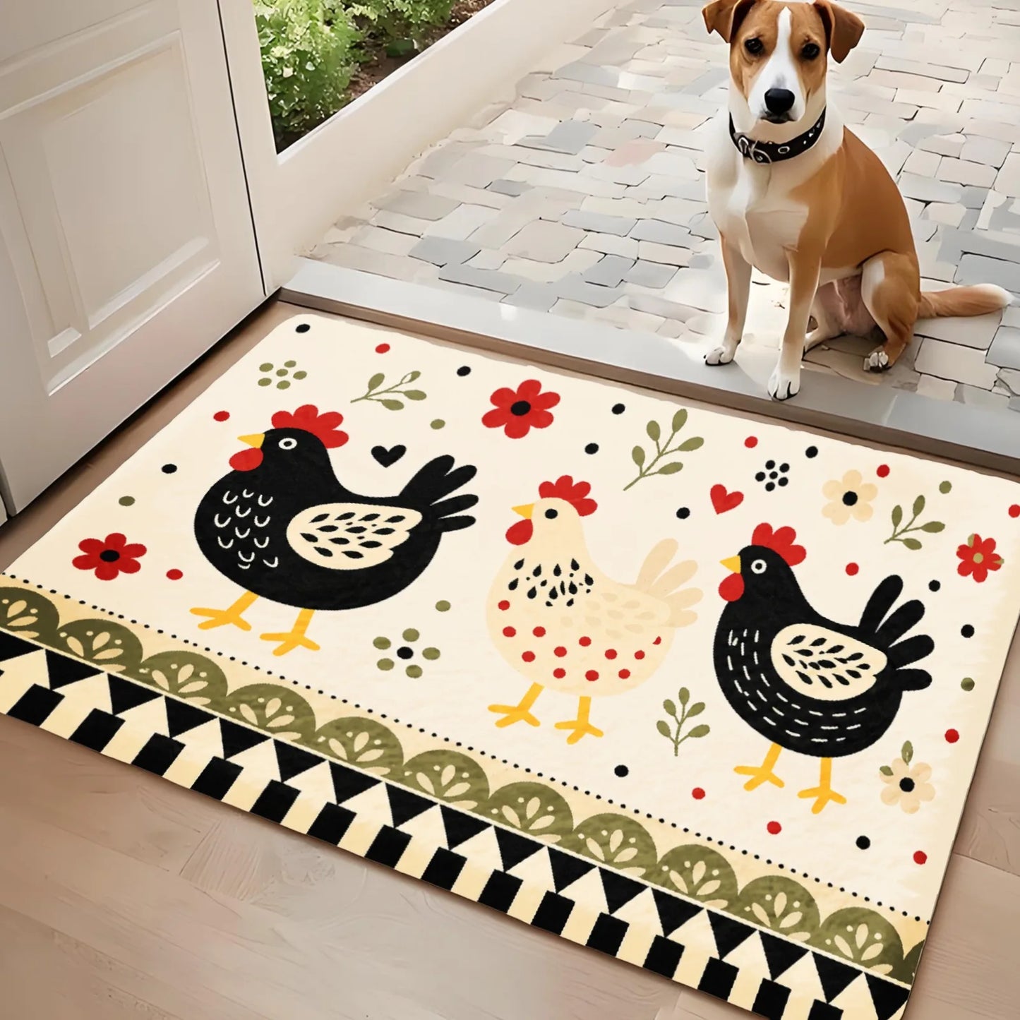 3PCS Kitchen Rugs,Home Decoration for Front Door, Kitchen, Bathroom, Black Turkey Floral Pattern On Cream Background Dining Mat