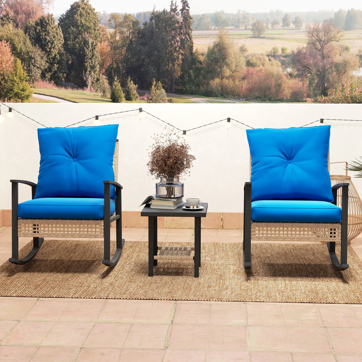 3 Pieces Bistro Set with Rattan Rocking Chairs & Coffee Table Dark Blue