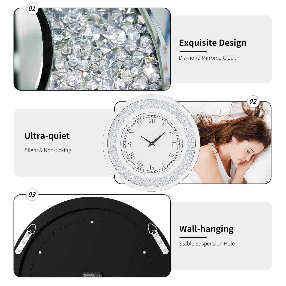 Decorative Twinkle Mirror Wall Clock With Alarm Function