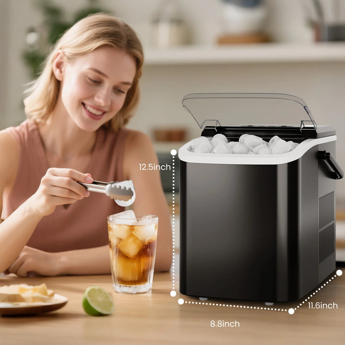 Compact Countertop Ice Maker Quickly Producing Bullet Ice Cubes