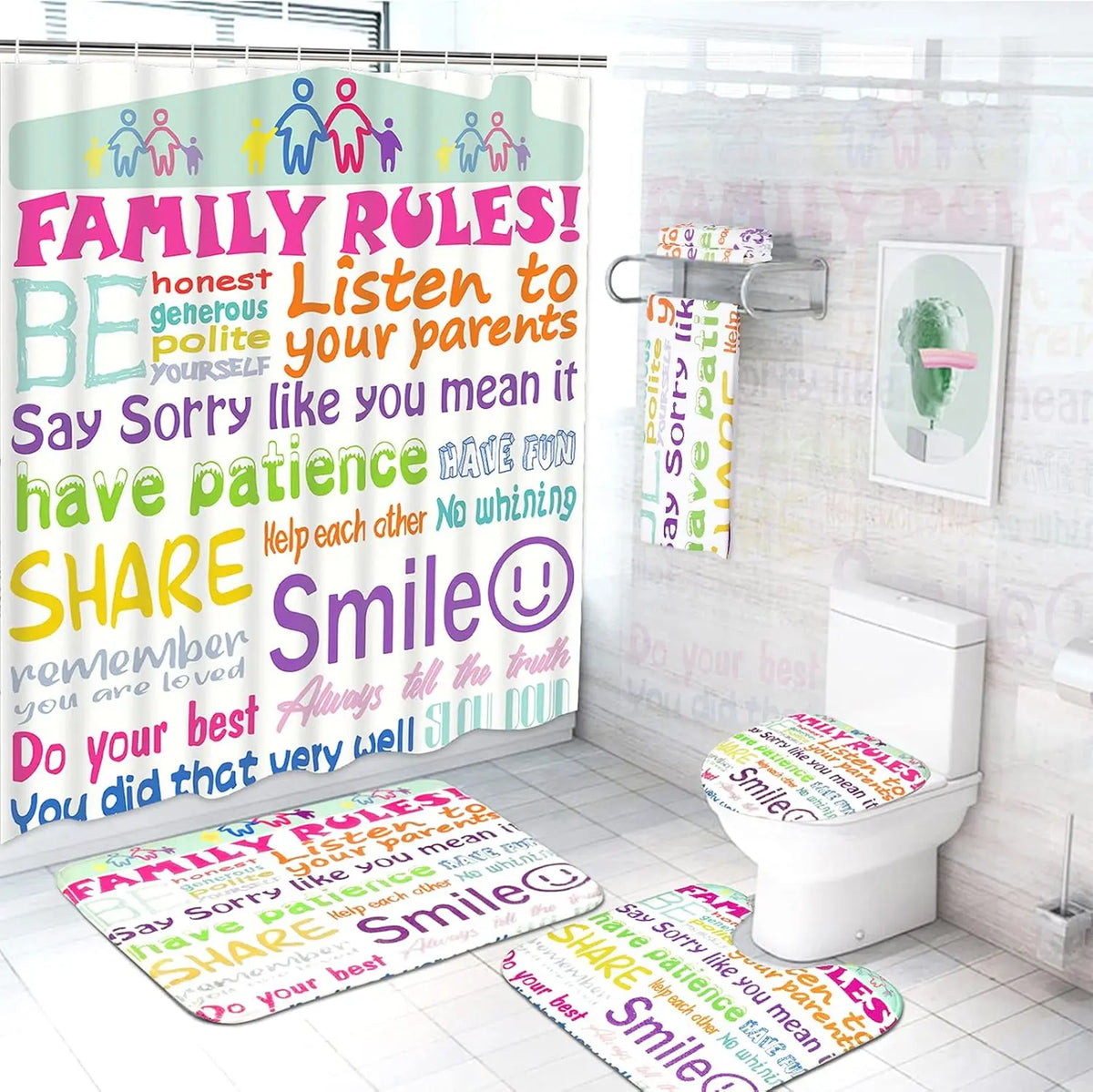 4PC Kids Dinosaur Bathroom Set - Waterproof Cartoon Shower Curtain with 12 Hooks, Non-Slip Mats & Toilet Cover, Fun Bath Decor