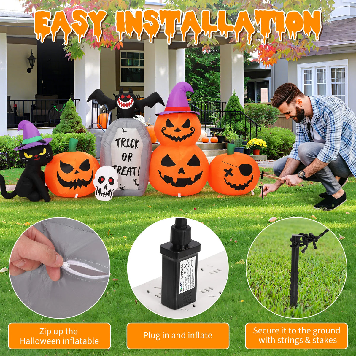 Halloween Outdoor Inflatable Yard Decor Cat And Pumpkin Led Lights