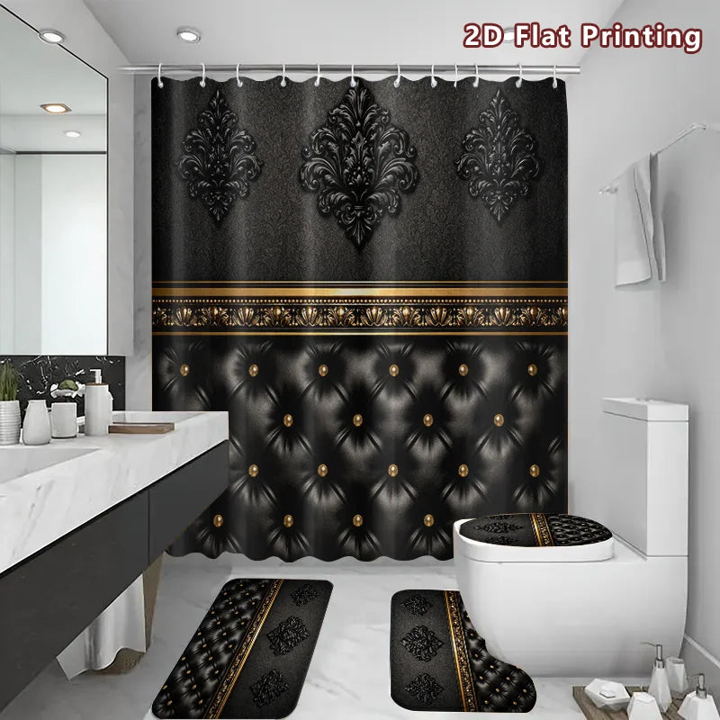 2D Flat, 2D Flat 4pcs Baroque Elegance Shower Curtain Set, Black and Golden Ornate Pattern Bathroom Decor, Accessories with Bath Mat, U - Shaped Mat, Toilet Lid Cover, Shower Curtain Includes Hooks, Luxury Home Aesthetic, Hom