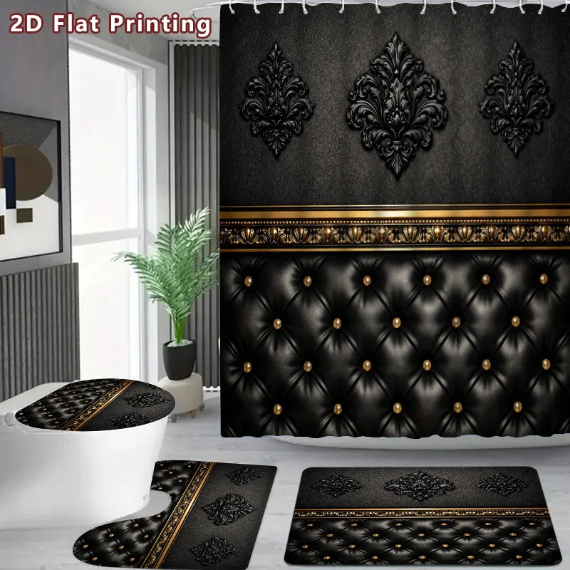 2D Flat, 2D Flat 4pcs Baroque Elegance Shower Curtain Set, Black and Golden Ornate Pattern Bathroom Decor, Accessories with Bath Mat, U - Shaped Mat, Toilet Lid Cover, Shower Curtain Includes Hooks, Luxury Home Aesthetic, Hom