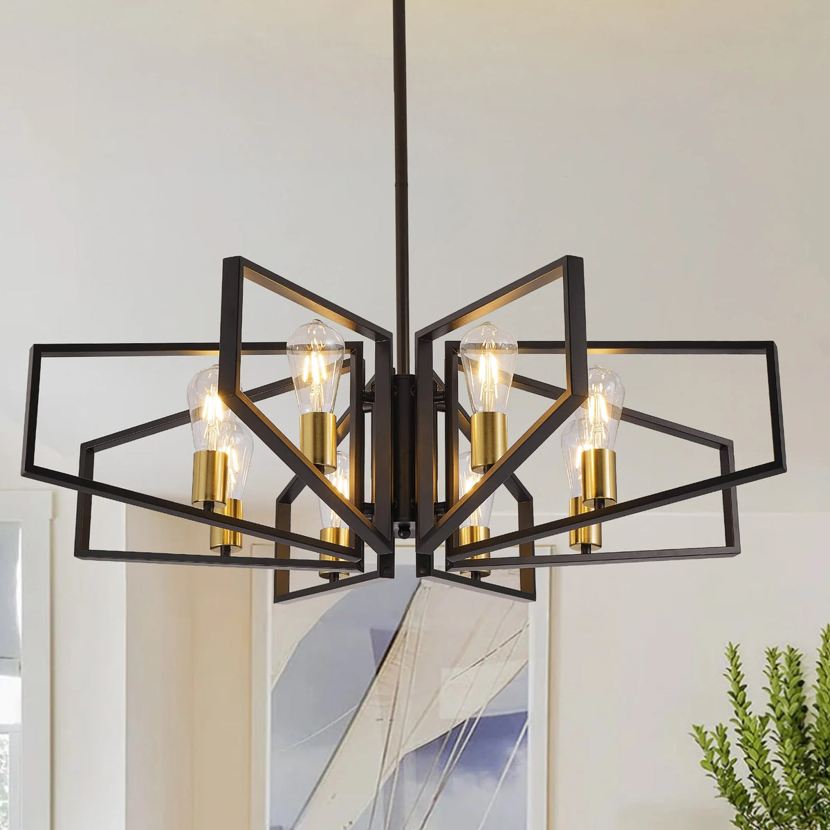 Eight-Light Geometric Chandelier With Adjustable Height Metal Pendant