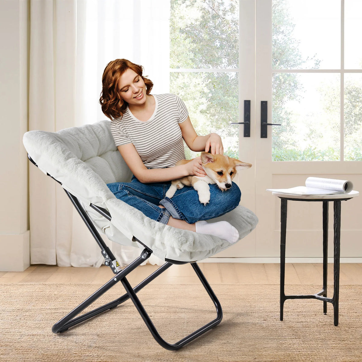 JHK Cozy Padded Saucer Chair With Foldable Metal Frame