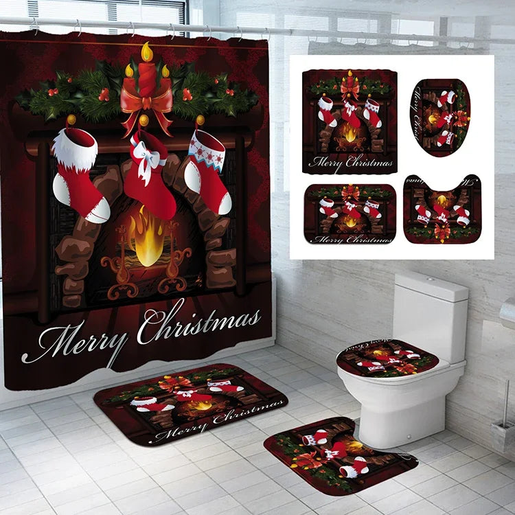 Wholesale Santa Claus Christmas Style Polyester Bathroom Shower Curtains 4pcs Waterproof Shower Curtain Sets