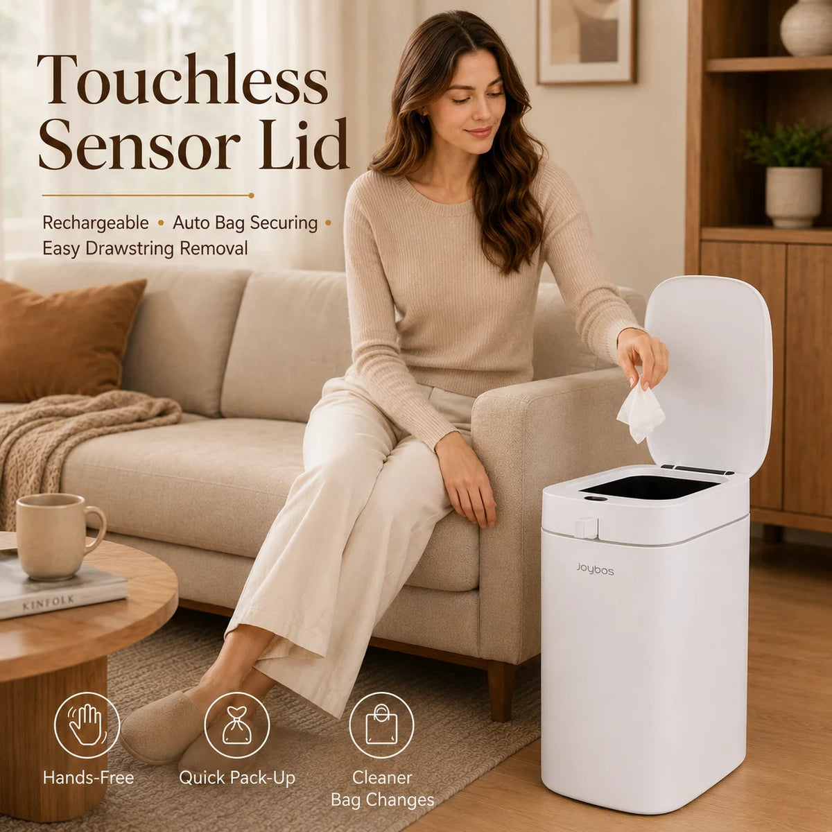 Joybos Smart Trash Can With Touchless Sensor And Auto Liner Bags