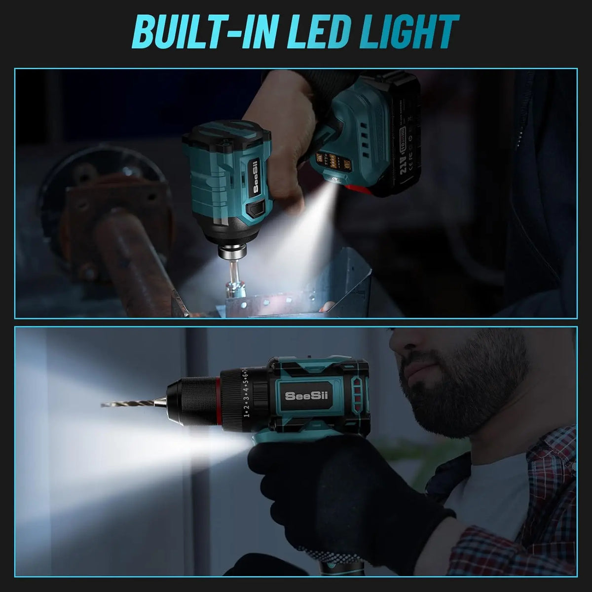 Seesii 21V Cordless Brushless Drill And Impact Driver Kit