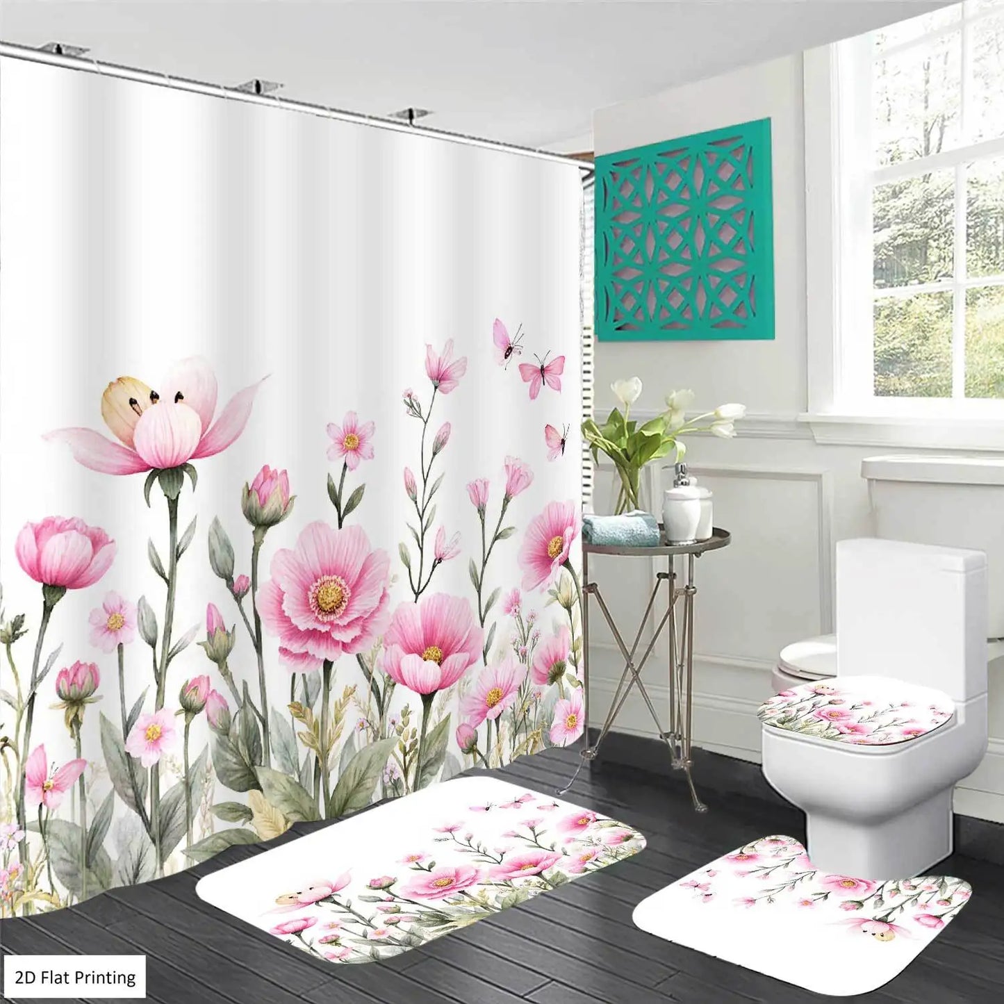 2D Flat, 2D Flat, 4pcs Floral Design with Pink Flowers And Butterflies Shower Curtain Set, Bathroom Set with Shower Curtain And Including Non-Slip, U-Shape And Toilet Lid Cover, Home Bathroom Accessory