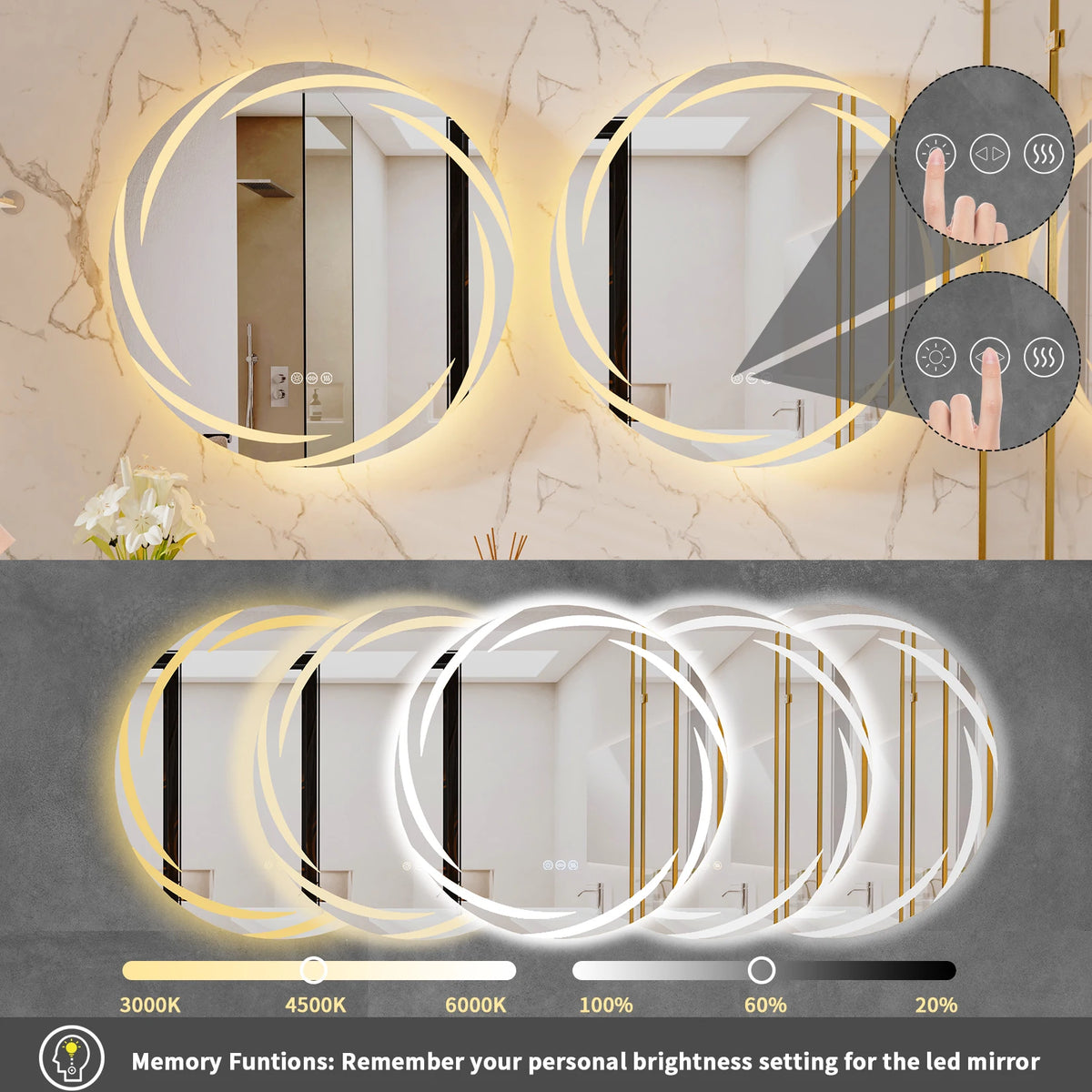 LED Round Anti Fog Wall Mounted Bathroom Vanity Mirror