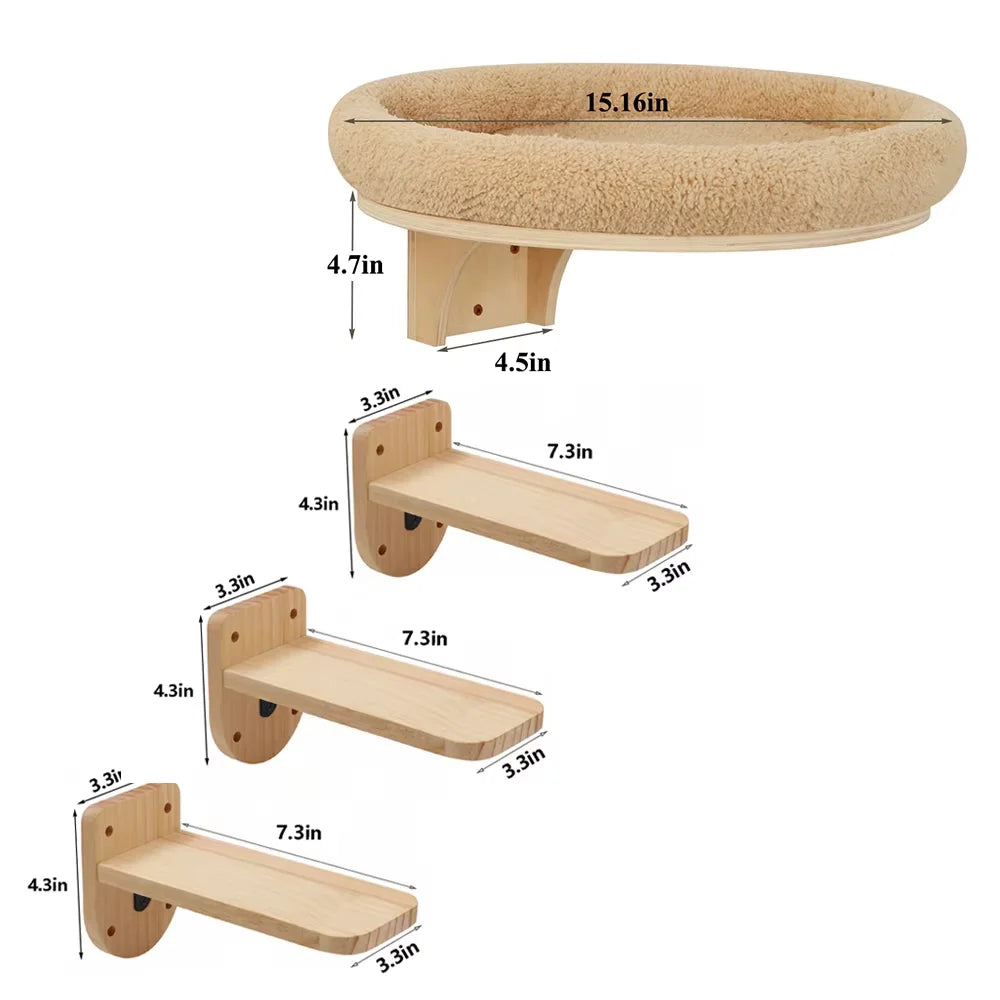 CWV Solid Pine Wall Mounted Cat Tree Hammock With Scratching Post