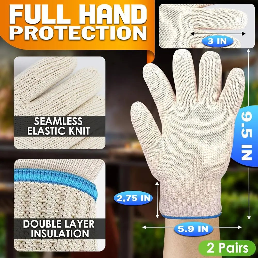 2 Pair Heat Resistant Gloves - 9.5 Oven Gloves with Fingers, Non-Slip BBQ Grill Protector, Reusable Heat Protection for Safe Coo