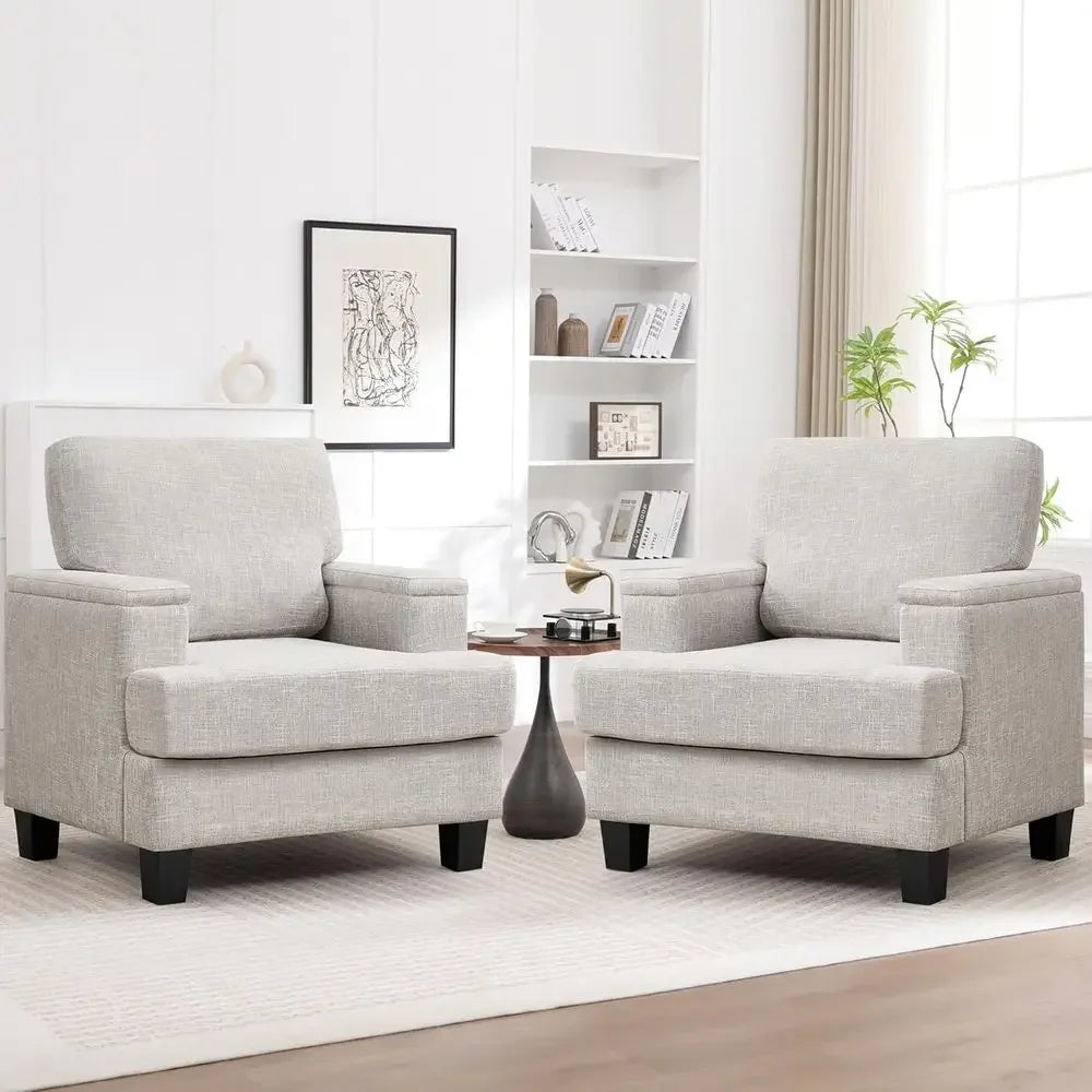 2-Piece Armrest Storage Accent Chairs, Comfortable Upholstered Living Room Furniture, Beige Fabric Sofa Chairs for Reading or Be