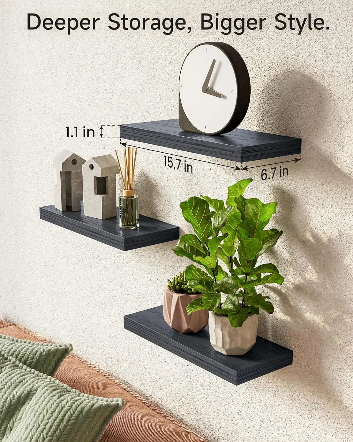 Rustic Wood Floating Shelves Set of 3, Wall Mounted for Bathroom Bedroom Living Room Kitchen, Holds 22lbs, Black