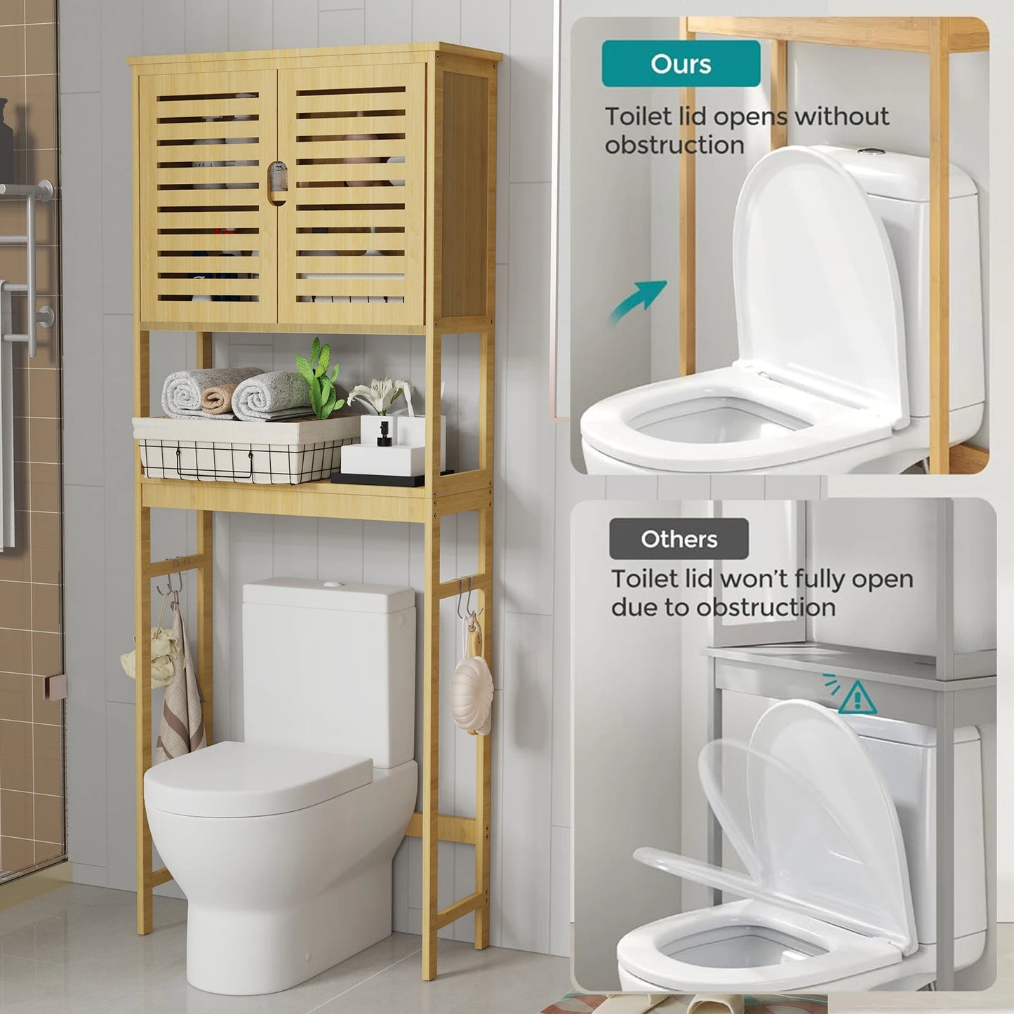 Over-the-Toilet Bathroom Storage Cabinet Bamboo Tall Organizer Rack Free Standing