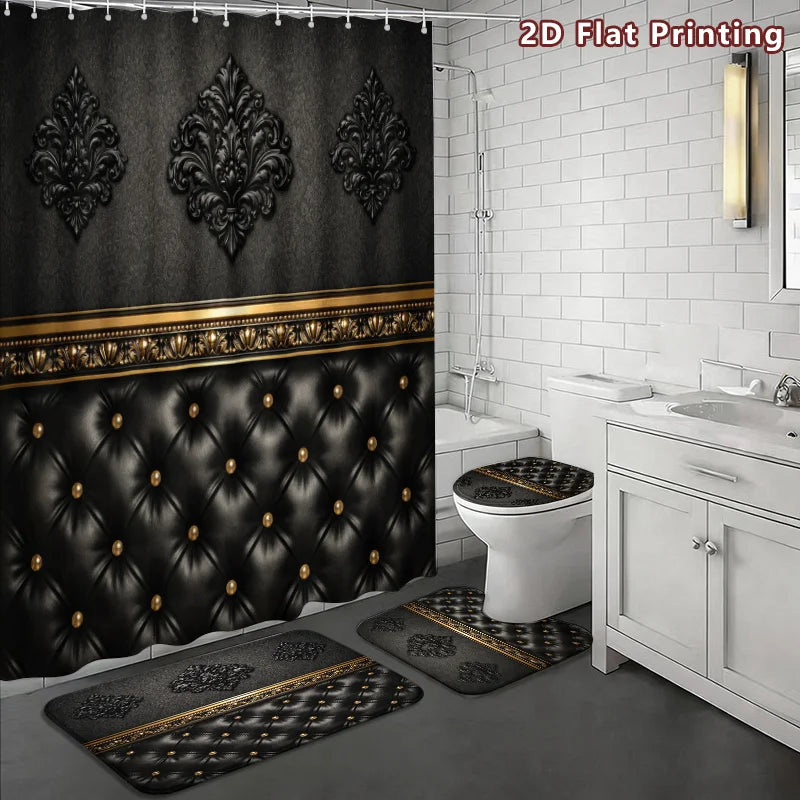 2D Flat, 2D Flat 4pcs Baroque Elegance Shower Curtain Set, Black and Golden Ornate Pattern Bathroom Decor, Accessories with Bath Mat, U - Shaped Mat, Toilet Lid Cover, Shower Curtain Includes Hooks, Luxury Home Aesthetic, Hom