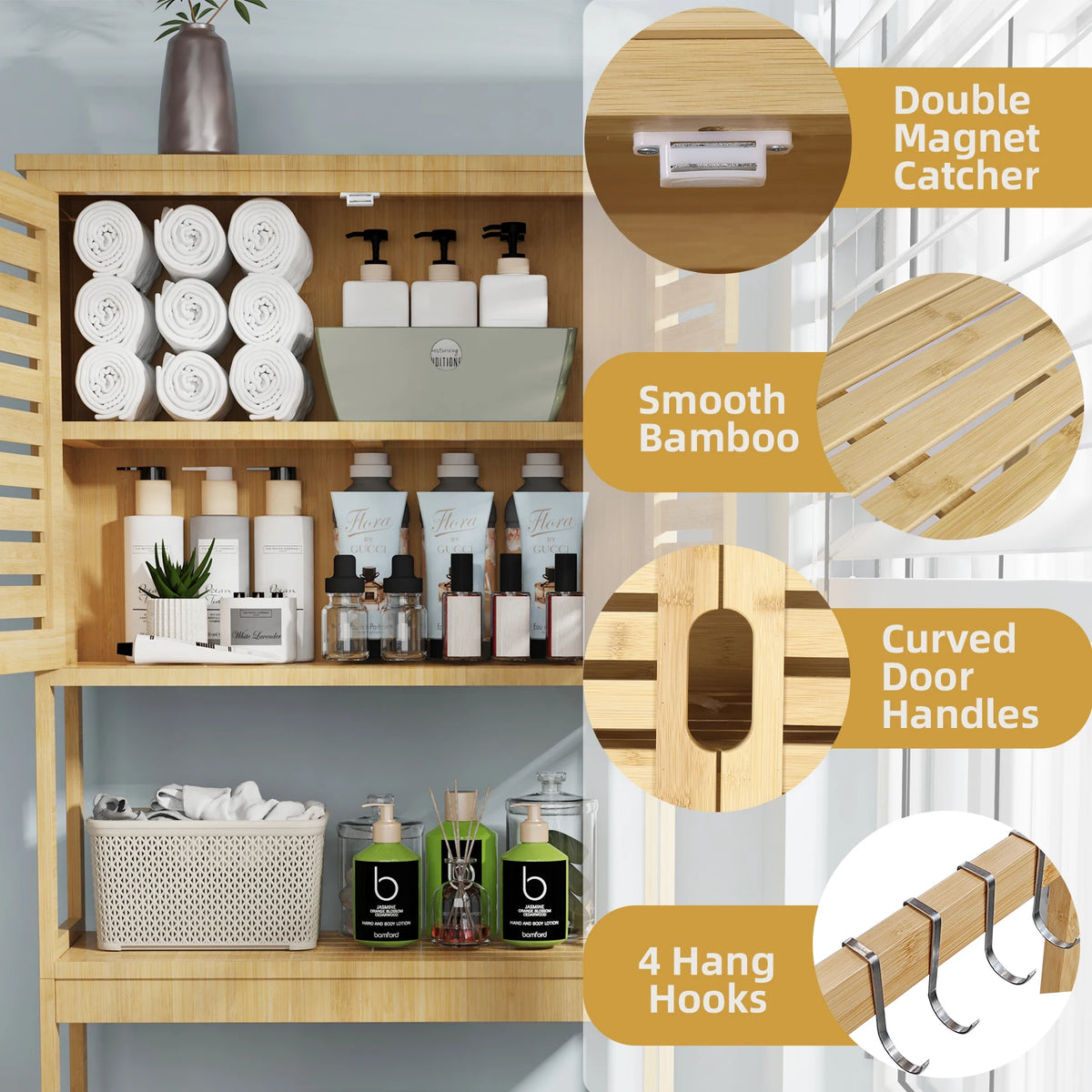 Over-the-Toilet Bathroom Storage Cabinet Bamboo Tall Organizer Rack Free Standing