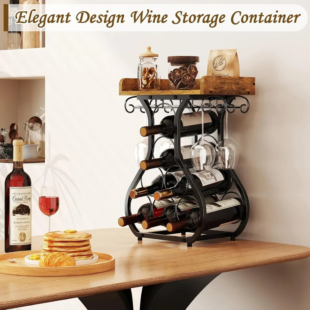 Compact Countertop Wine Rack with Glass Holder and Storage Shelf for Kitchen Bar