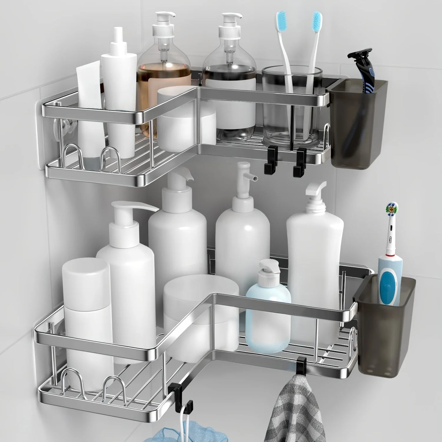 Corner Shower Caddy 3 Pack, Wall Mounted Stainless Steel Bathroom Organizer Shelf with Soap Dish, Adhesive No Drilling,