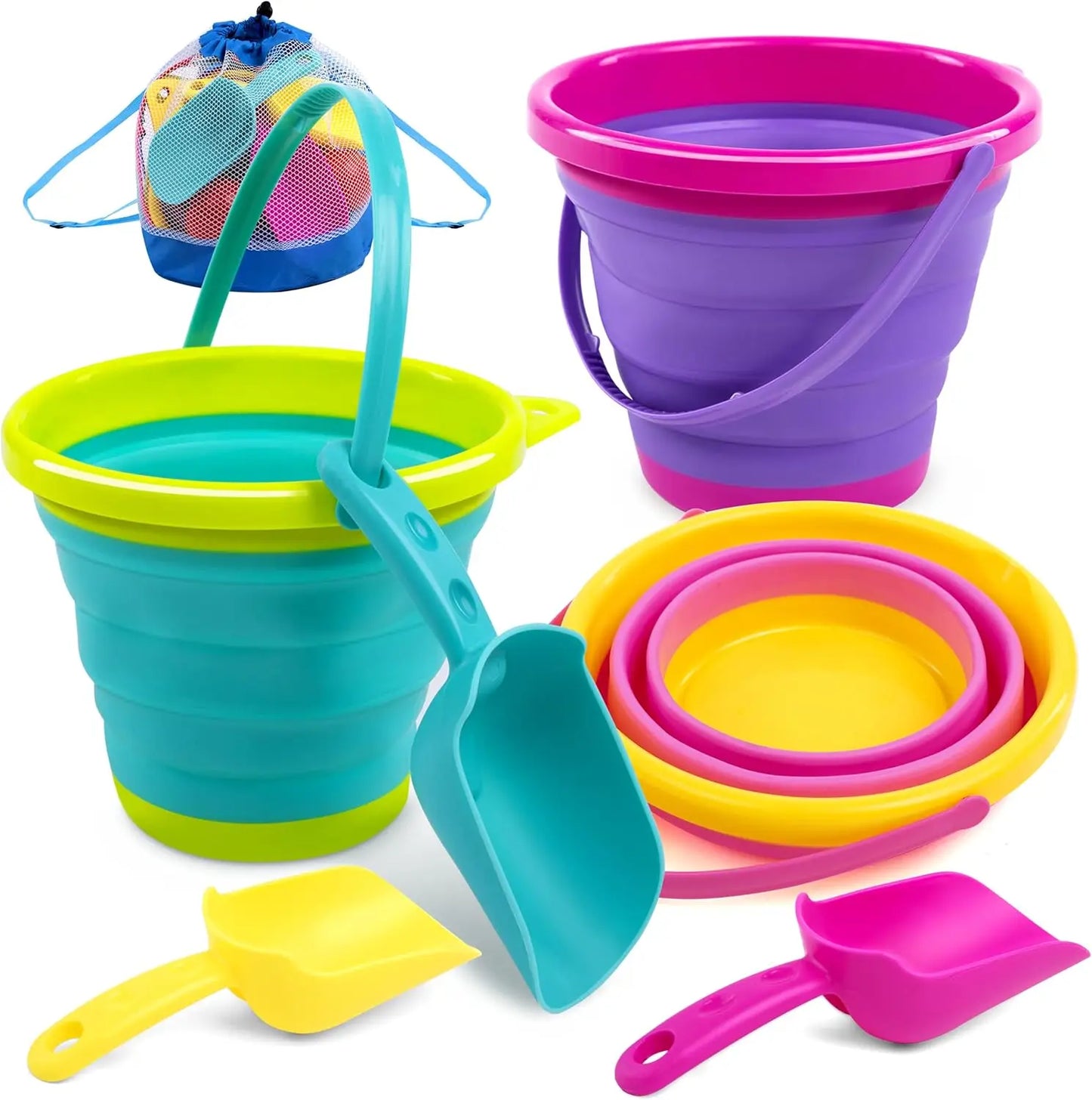 JOYFY 3 Packs Foldable Beach Bucket Set with Shovels and Mesh Backpack for Kids Camping Gear Travelling Fishing Water Pail