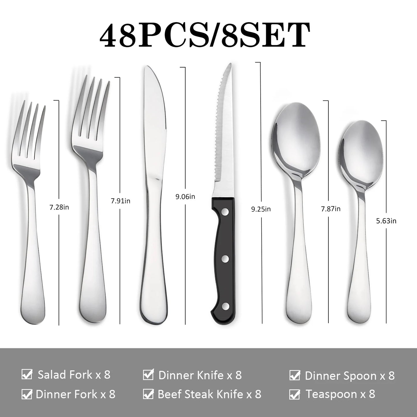 KOOMADE 48Pcs Stainless Steel Cutlery Set Steak Knives Included Mirror Polished Flatware Set Dinner Knife Fork Spoon Tableware Kitchen Utensils Dishwasher Safe For Home Restaurant Party