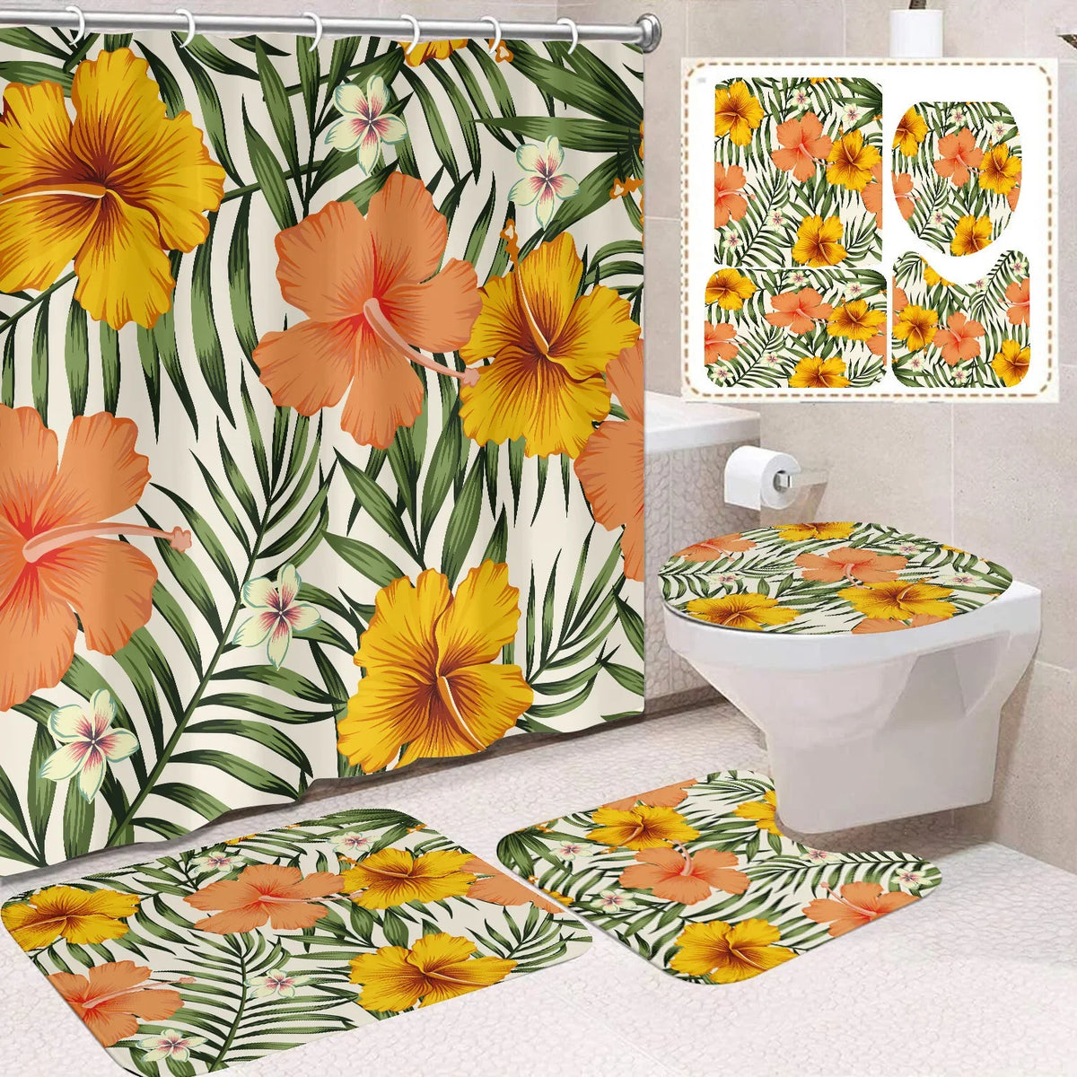 Custom 3D Digital Print Polyester Flower Shower Curtain Quick-Drying 4-Piece Modern Bathroom Set Wholesale Bathroom Accessory