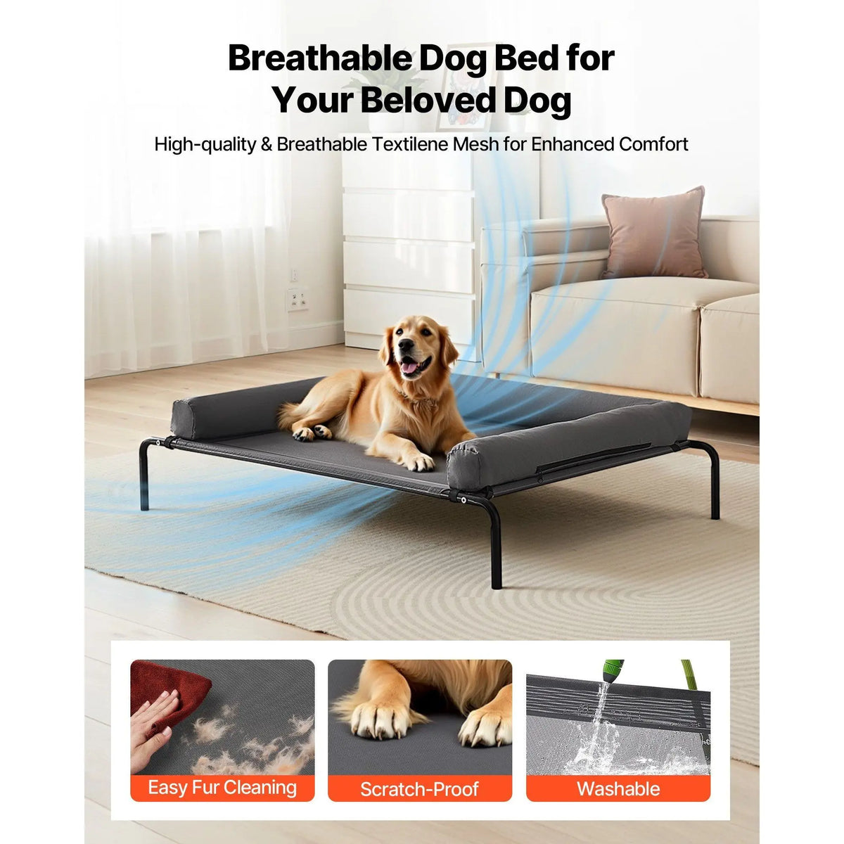 Elevated Dog Bed with Breathable Mesh Supportive Bolsters and Washable Steel Frame for Large Dogs