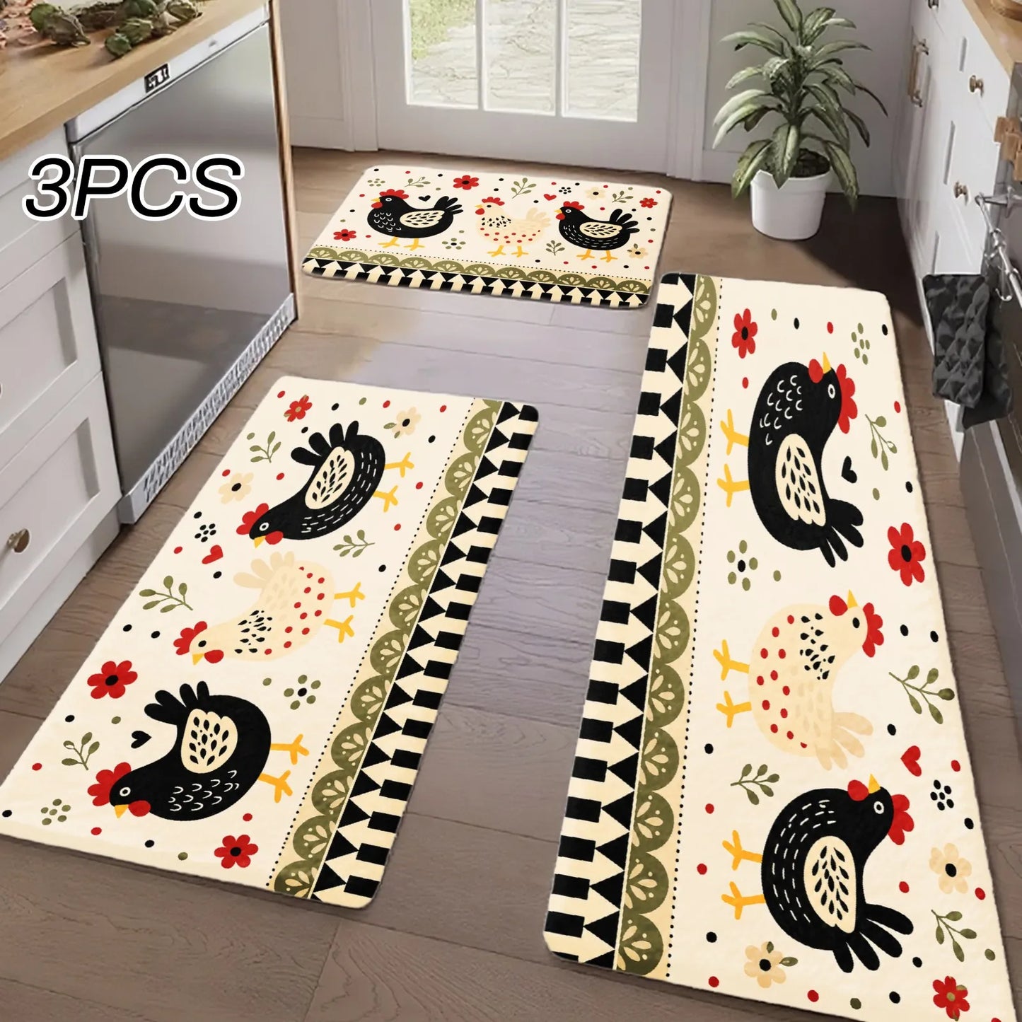 3PCS Kitchen Rugs,Home Decoration for Front Door, Kitchen, Bathroom, Black Turkey Floral Pattern On Cream Background Dining Mat