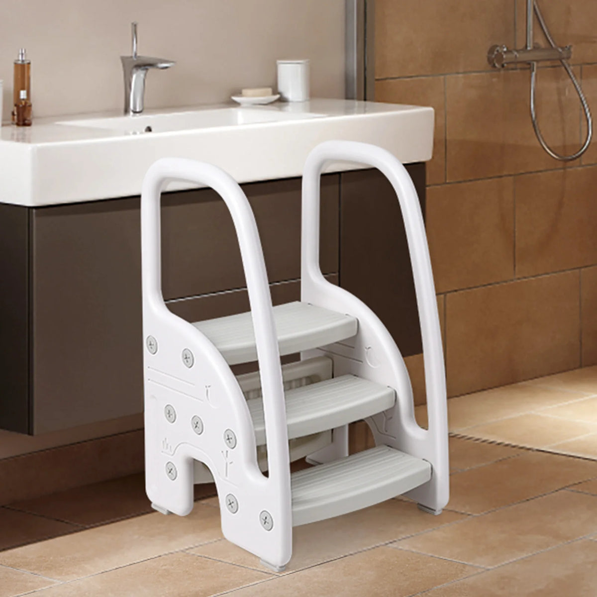 Plastic Kids Step Stool With Side Handles For Bathroom Use