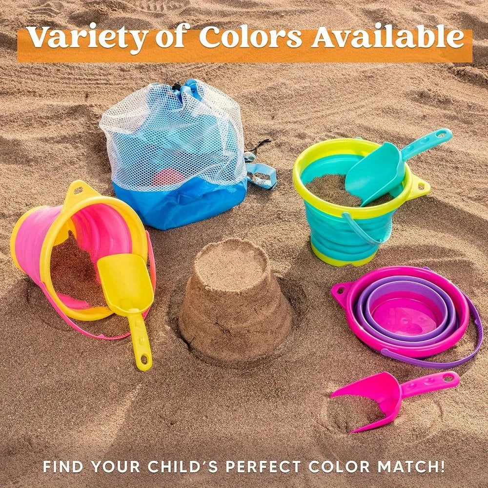 JOYFY 3 Packs Foldable Beach Bucket Set with Shovels and Mesh Backpack for Kids Camping Gear Travelling Fishing Water Pail