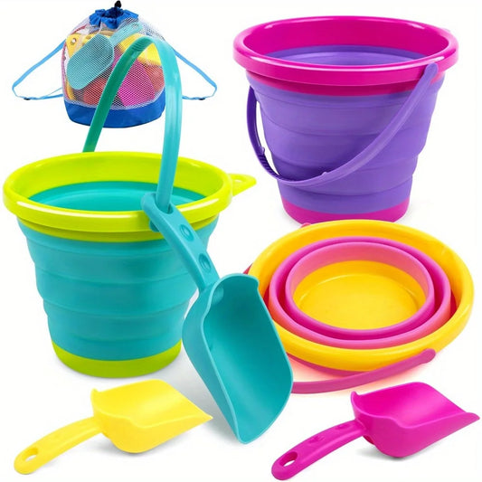 JOYFY 3 Packs Foldable Beach Bucket Set with Shovels and Mesh Backpack for Kids Camping Gear Travelling Fishing Water Pail