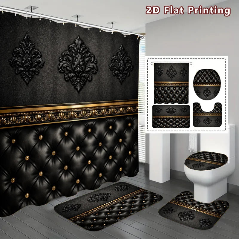 2D Flat, 2D Flat 4pcs Baroque Elegance Shower Curtain Set, Black and Golden Ornate Pattern Bathroom Decor, Accessories with Bath Mat, U - Shaped Mat, Toilet Lid Cover, Shower Curtain Includes Hooks, Luxury Home Aesthetic, Hom