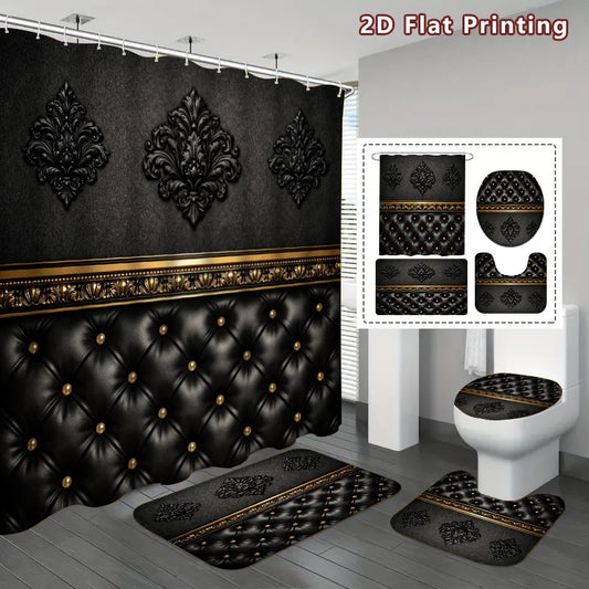 2D Flat, 2D Flat 4pcs Baroque Elegance Shower Curtain Set, Black and Golden Ornate Pattern Bathroom Decor, Accessories with Bath Mat, U - Shaped Mat, Toilet Lid Cover, Shower Curtain Includes Hooks, Luxury Home Aesthetic, Hom