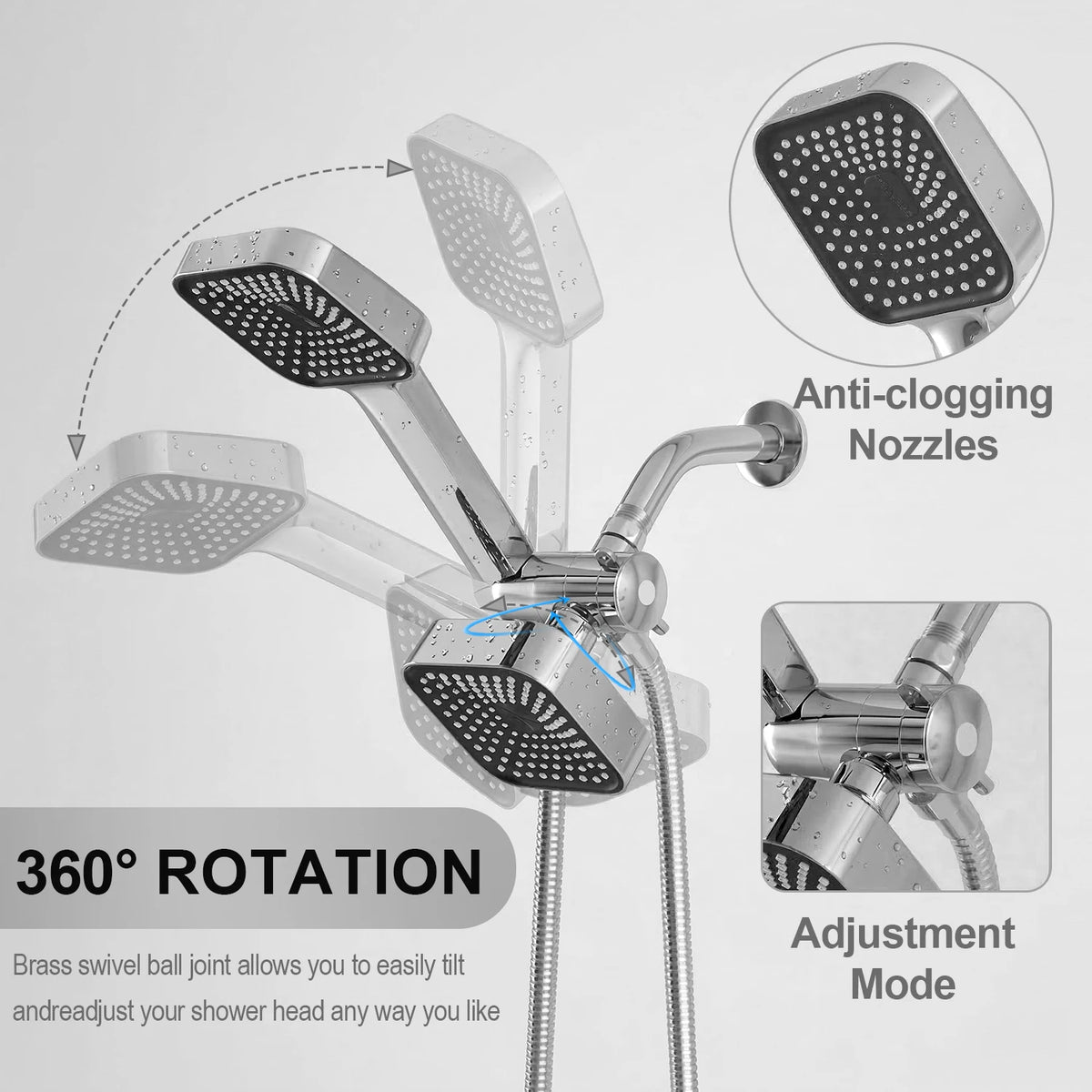 High-Flow 2-in-1 Wall-Mounted Handheld Shower Head and Rain Shower Head Set With Handheld Shower Head&Long Hose for Bathroom