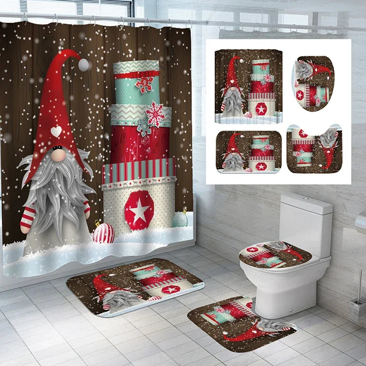 Wholesale Santa Claus Christmas Style Polyester Bathroom Shower Curtains 4pcs Waterproof Shower Curtain Sets