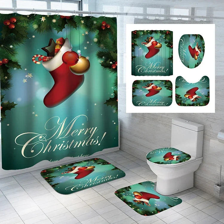 Wholesale Santa Claus Christmas Style Polyester Bathroom Shower Curtains 4pcs Waterproof Shower Curtain Sets