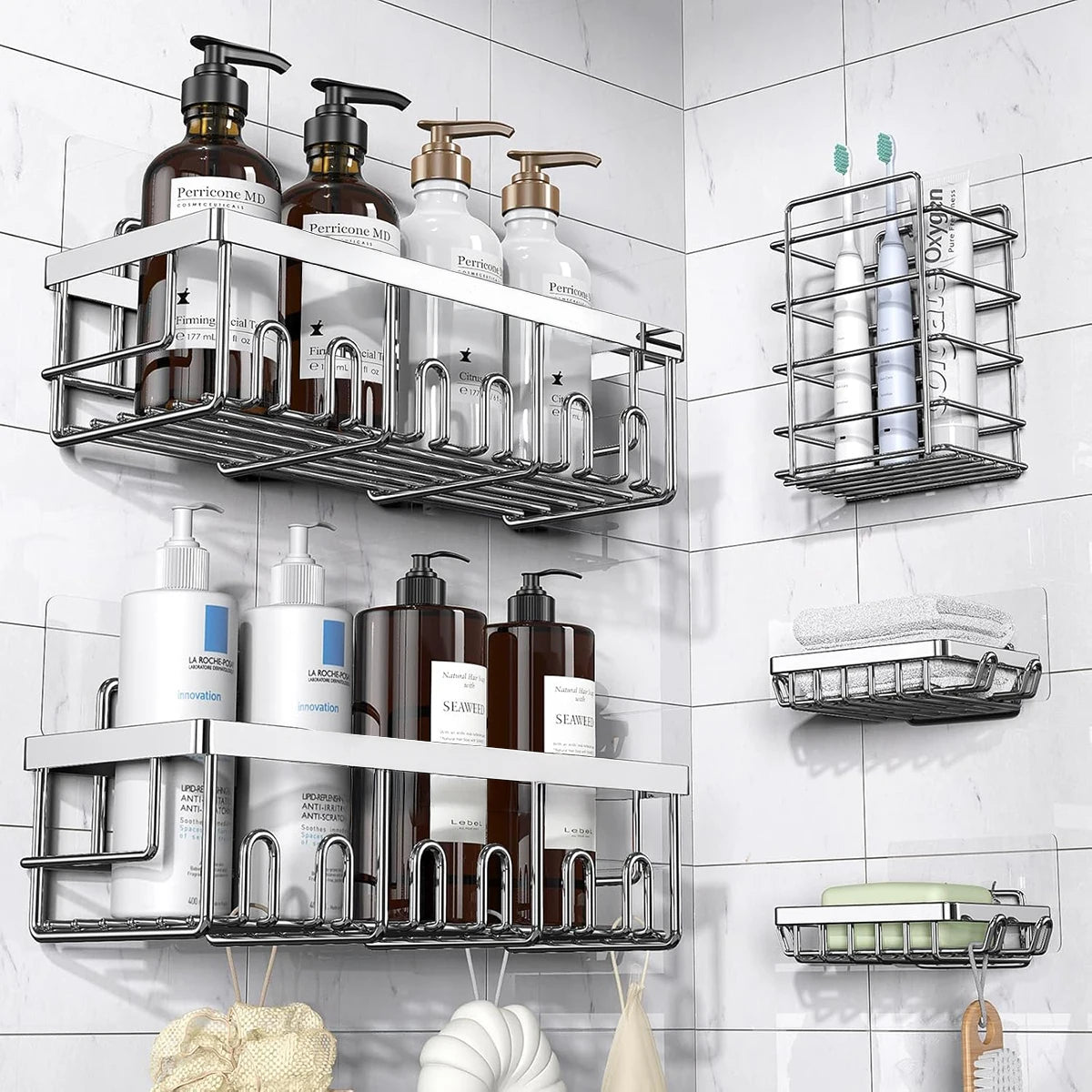 Adhesive Rustproof Stainless Steel Corner Shower Caddy with Soap Holder