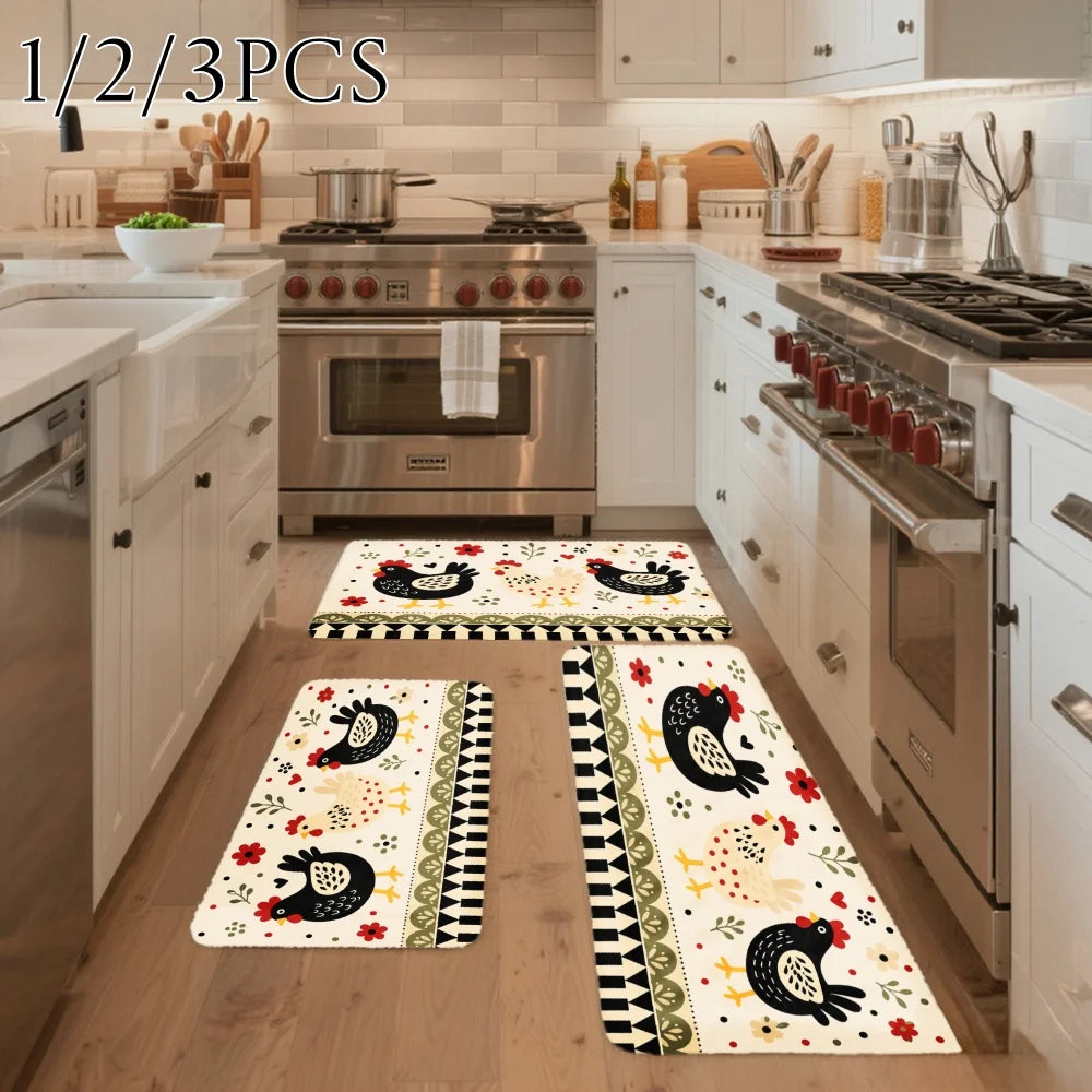 3PCS Kitchen Rugs,Home Decoration for Front Door, Kitchen, Bathroom, Black Turkey Floral Pattern On Cream Background Dining Mat
