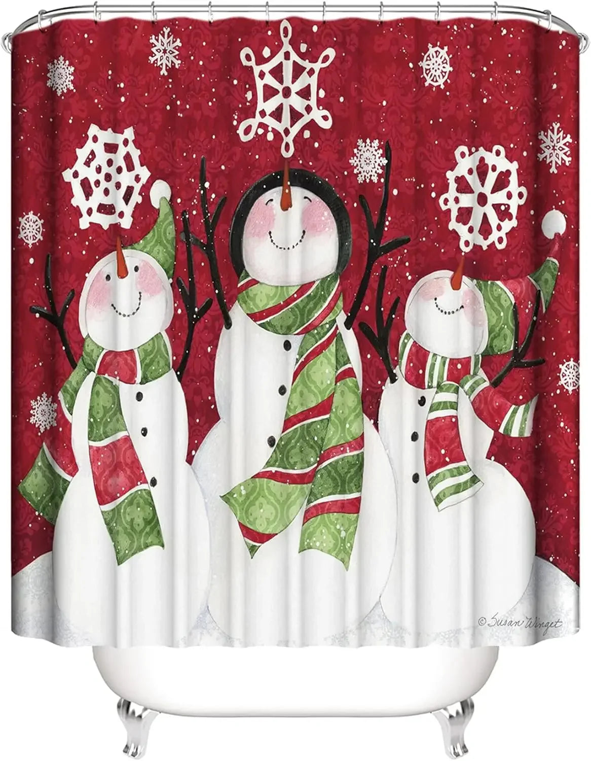 Christmas Shower Curtain Sets With Non-Slip Rugs Toilet Lid Cover and Bath Mat Snowman Shower Curtains 4 Piece Bathroom Decor