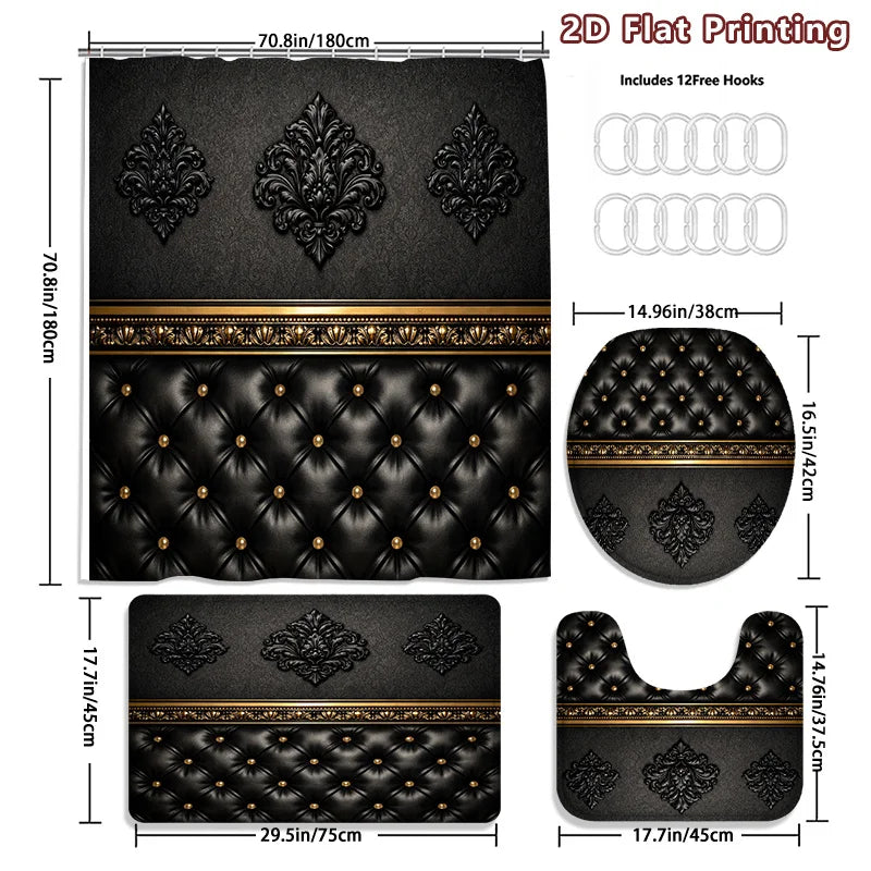 2D Flat, 2D Flat 4pcs Baroque Elegance Shower Curtain Set, Black and Golden Ornate Pattern Bathroom Decor, Accessories with Bath Mat, U - Shaped Mat, Toilet Lid Cover, Shower Curtain Includes Hooks, Luxury Home Aesthetic, Hom