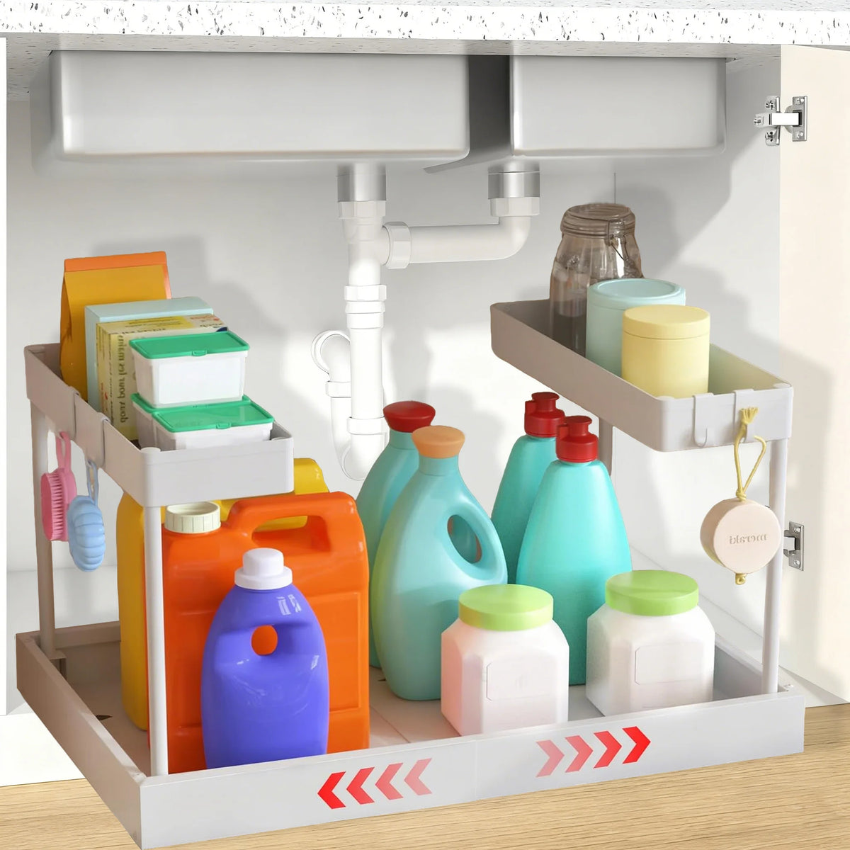 Under Sink Organizer Storage, 2 Tier U-Shape Expandable Multi-Purpose Large Capacity Kitchen Under Sink Organizers for Narrow Space Easy Access Sliding Storage Drawer with Hooks