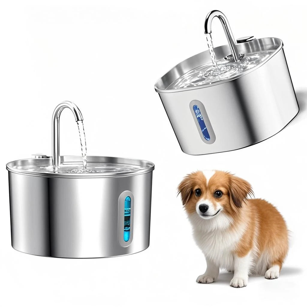 2.2L Square/Round Stainless Steel Cat Water Fountain, Dog Water Dispenser with LED Window, Silent Pet Water Feeder(No 5V 1A Plug