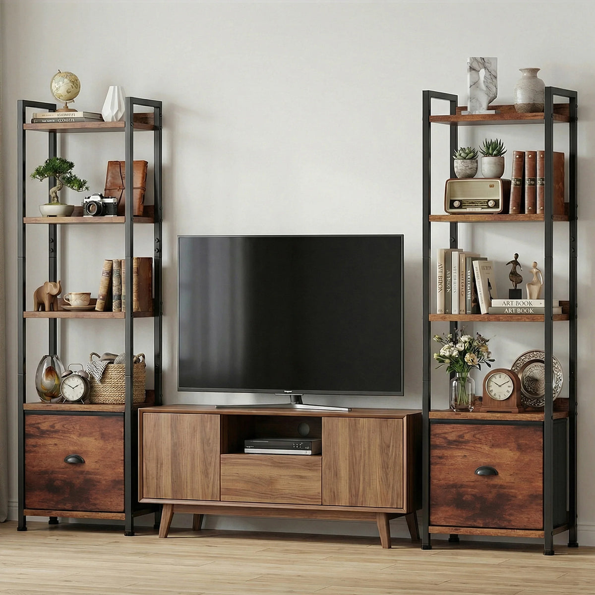 Industrial Metal Five Tier Bookshelf With Fabric Drawers For Home