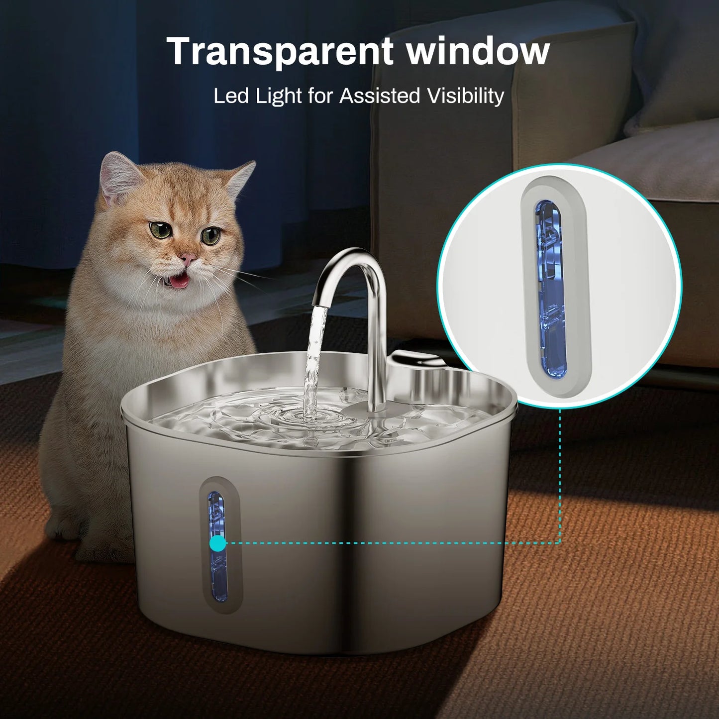2.2L Square/Round Stainless Steel Cat Water Fountain, Dog Water Dispenser with LED Window, Silent Pet Water Feeder(No 5V 1A Plug