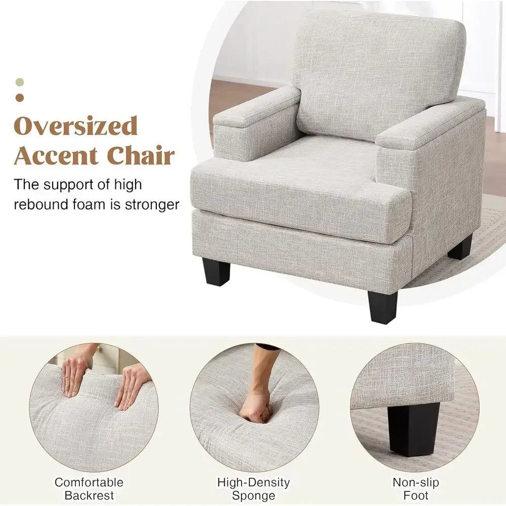 2-Piece Armrest Storage Accent Chairs, Comfortable Upholstered Living Room Furniture, Beige Fabric Sofa Chairs for Reading or Be