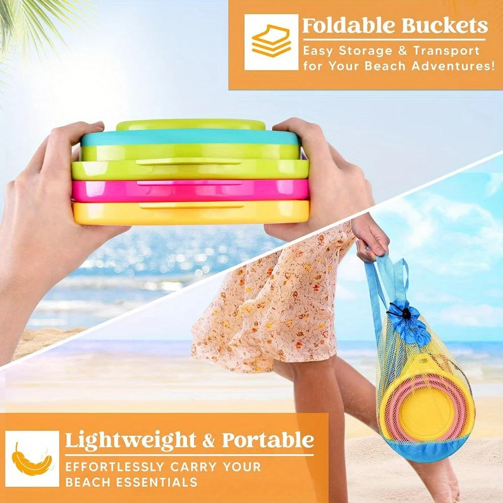JOYFY 3 Packs Foldable Beach Bucket Set with Shovels and Mesh Backpack for Kids Camping Gear Travelling Fishing Water Pail