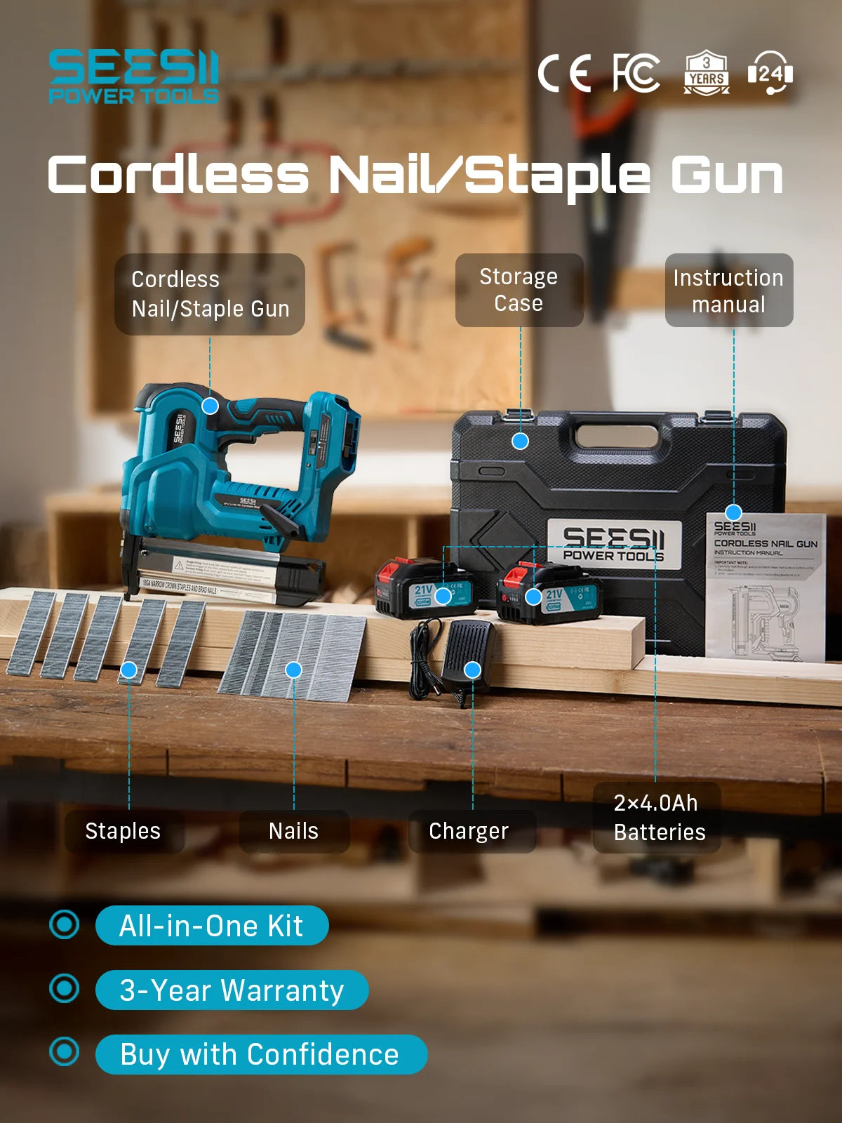 Seesii 2-in-1 Electric Nailer Stapler Depth Adjustable